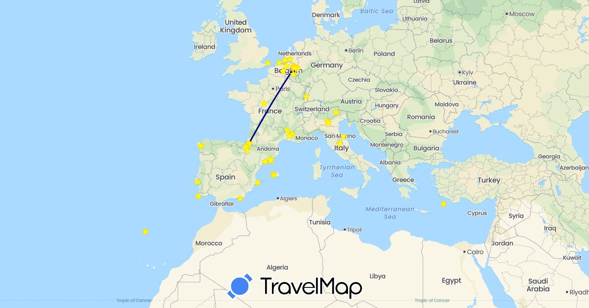 TravelMap itinerary: driving, plane, hiking in Belgium, Spain, France, Greece, Italy, Netherlands, Portugal (Europe)